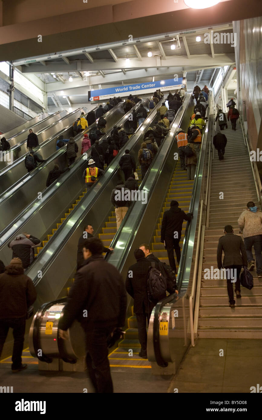 2011: Escalators at the World Trade Center PATH Train Station bring up commuters from New Jersey during the morning rush hour. Stock Photo