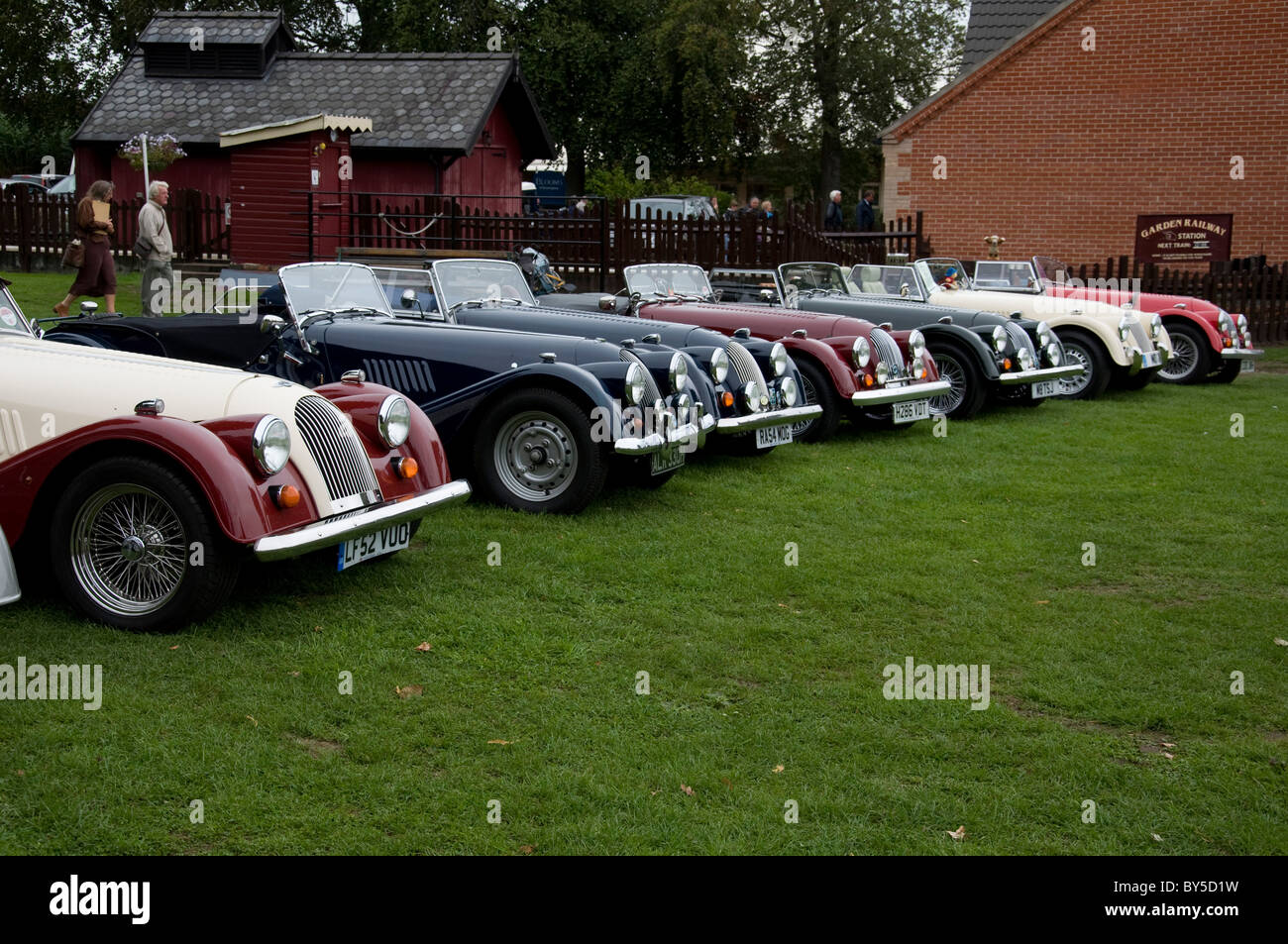 Row (line) of Morgan cars at Bressingham Steam Museum in Norfolk, England. Stock Photo