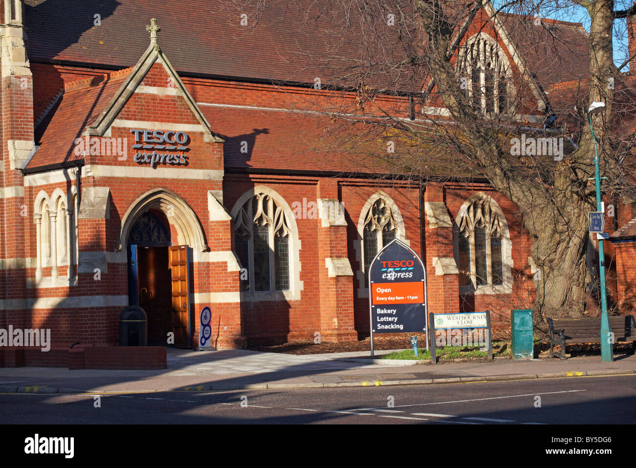 Tesco Express store shop - converted church in Westbourne, Bournemouth, Dorset UK in January Stock Photo