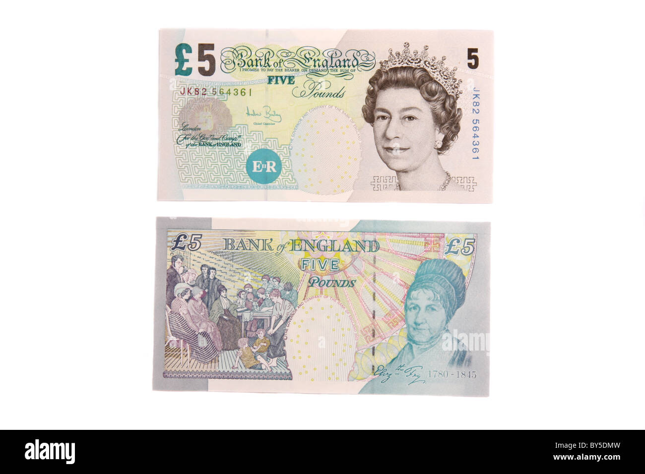 The front and back of a modern English five pound note featuring Elizabeth Fry. Stock Photo