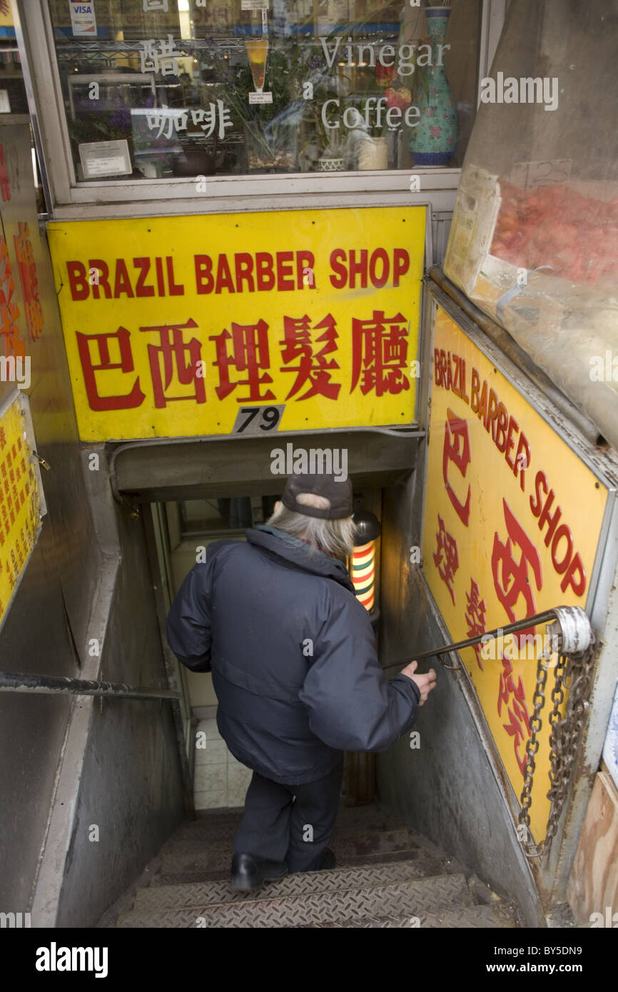 Basement barbershop, Chinatown, New York City. Stock Photo