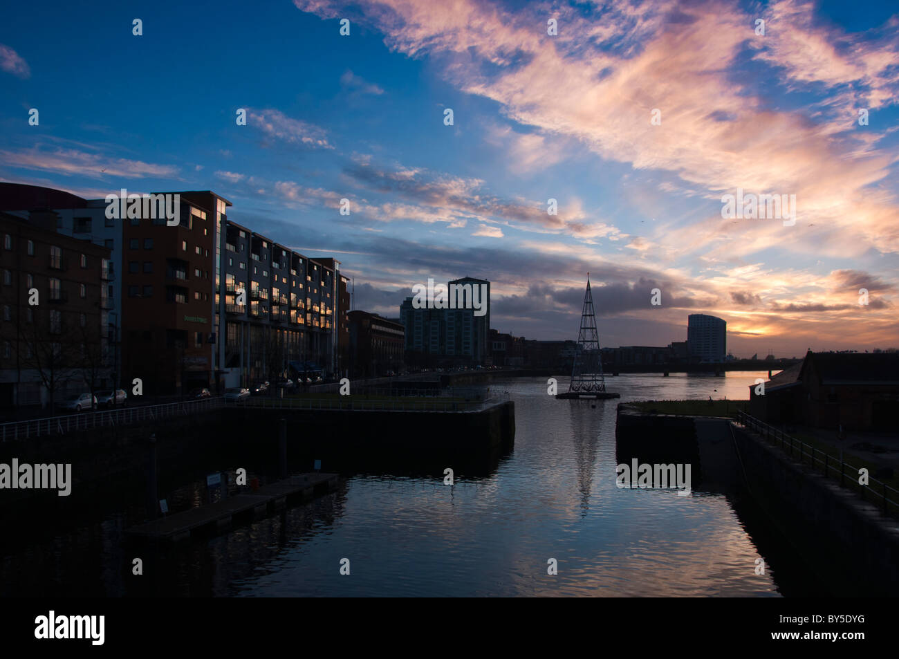 The Shannon river at Limerick city at nightfall Stock Photo