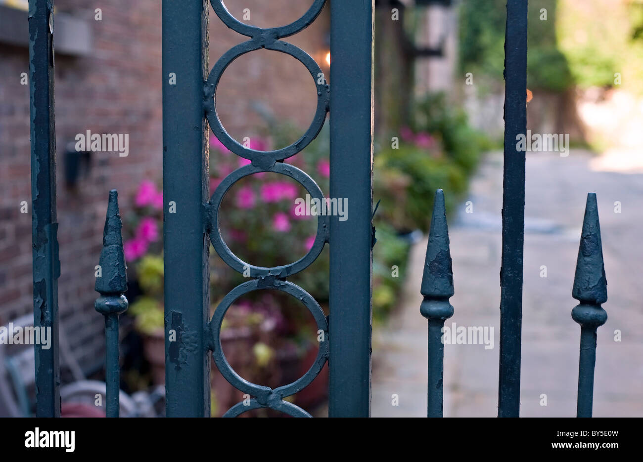 A wrought iron fence in front of a garden in New Orleans, Louisiana