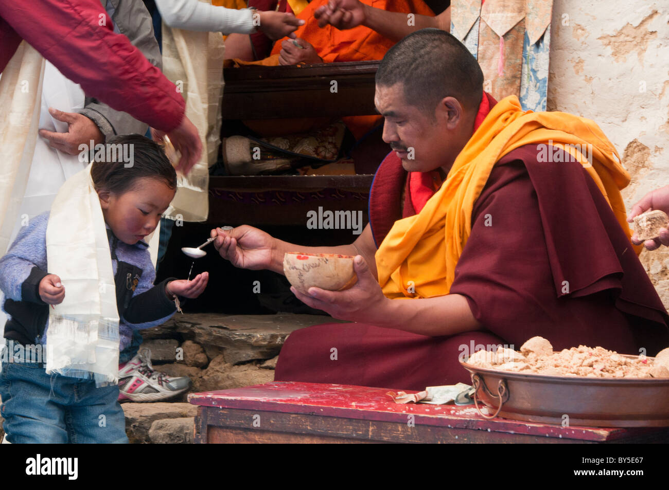 Monk Rimdo monk blessing at the Mani Rimdu Festival at Tengboche Monastery in the ...
