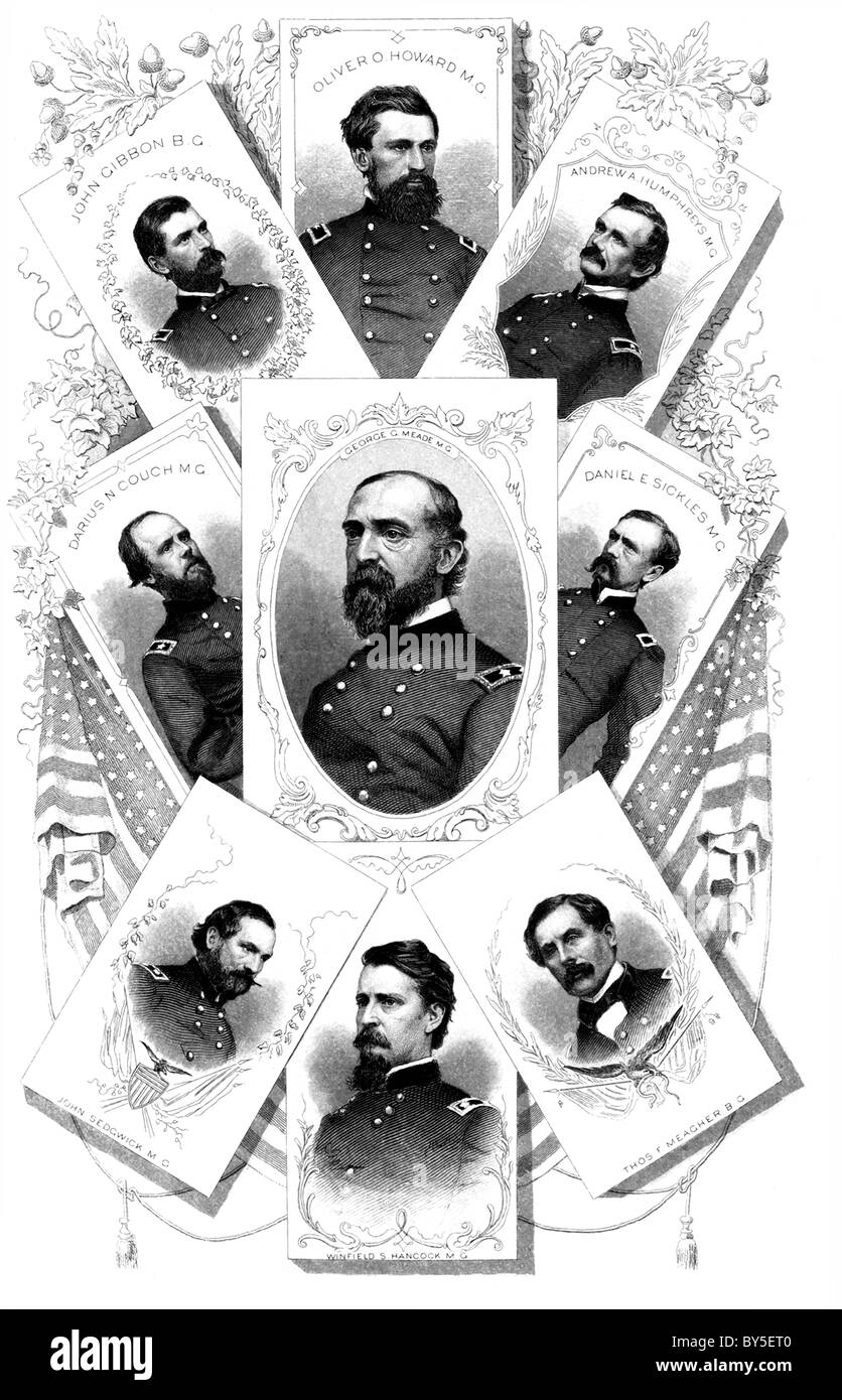 Union generals: J Gibbon, O Howard, A Humphreys, D Couch, G Meade, D Sickles, J Sedgwick, W Hancock, T F Meagher Stock Photo