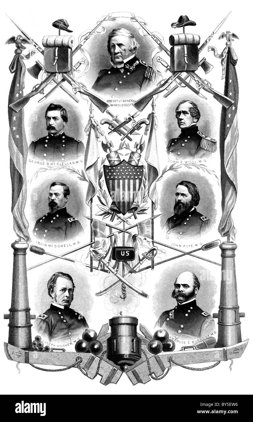 Union general: Winfield Scott, George N. McClellan, John E.Wool, Irvin McDowell, John Pope, Joseph Hooker, Ambrose E. Burnside. Stock Photo