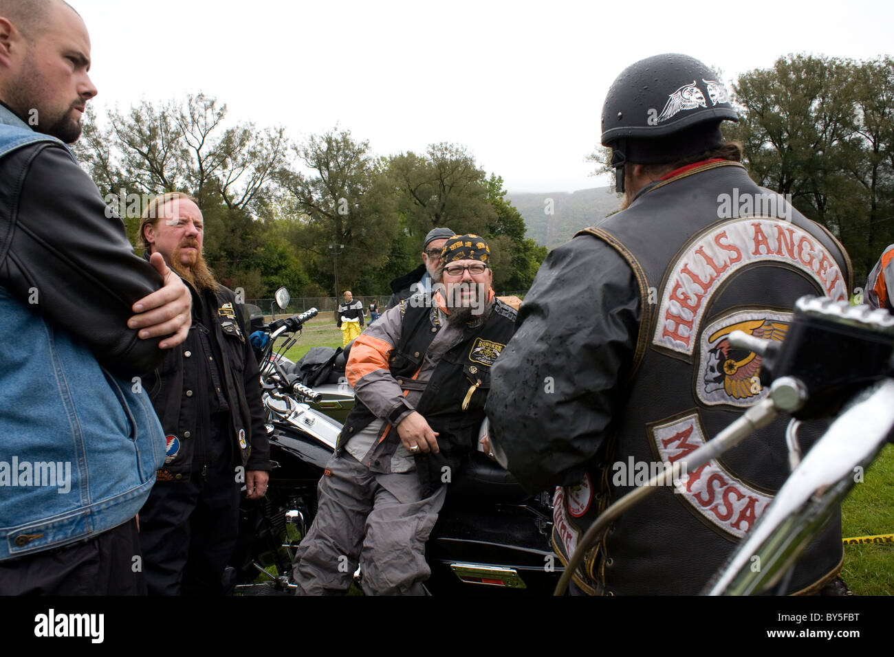 Hells Angels motorcycle riders waits for the start of the annual autumn charity ride in Adams Massachusetts. Stock Photo