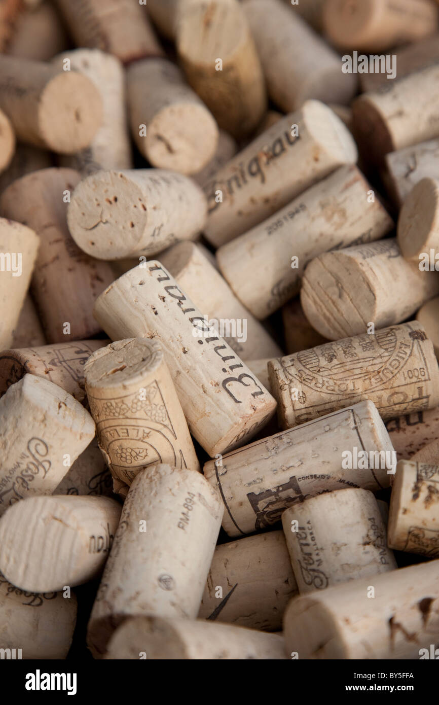 Wine Corks from Spanish Wine Bottles outside Restaurant Stock Photo