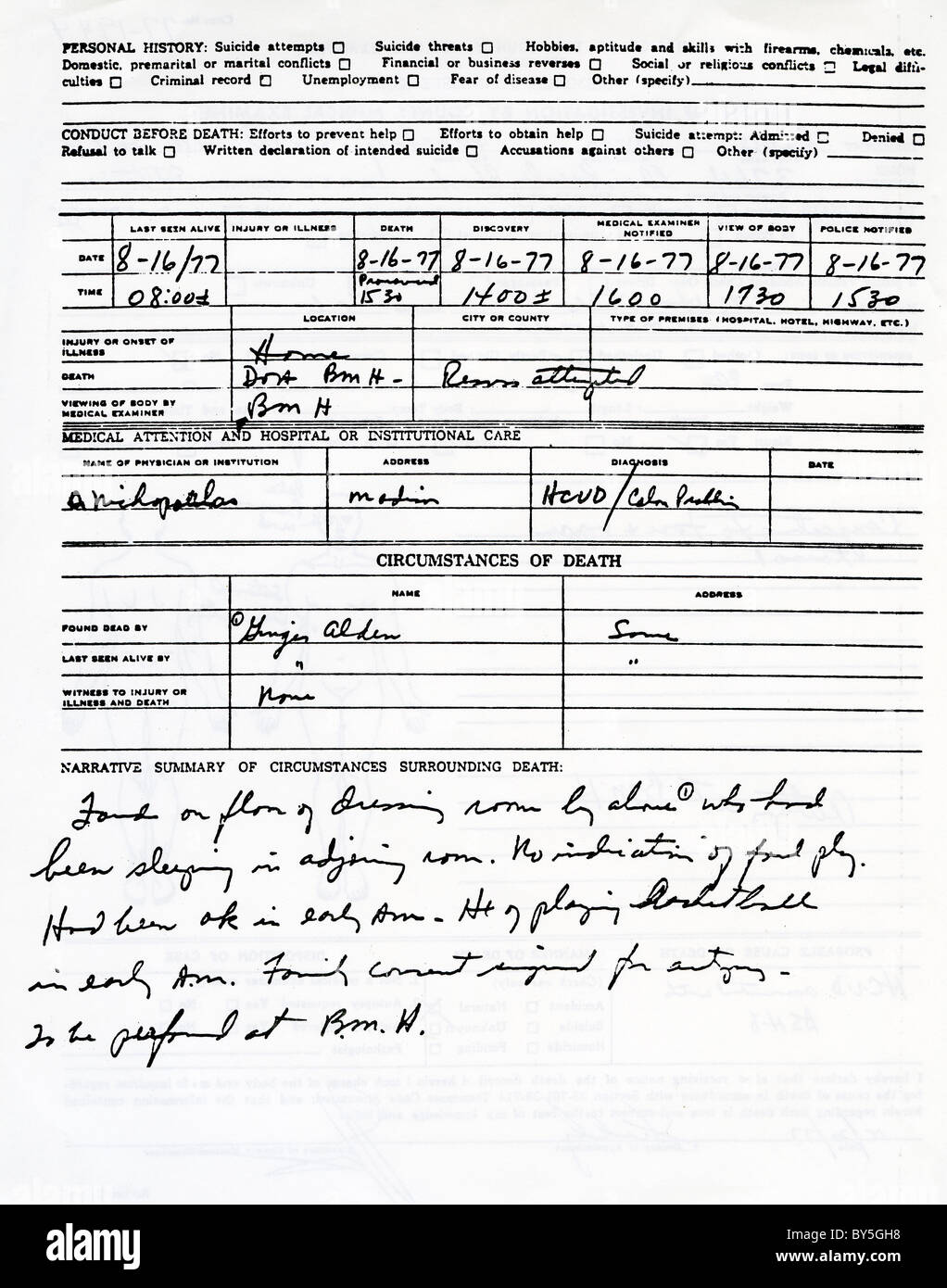 ELVIS PRESLEY (1935-1977) autopsy report back page Stock Photo