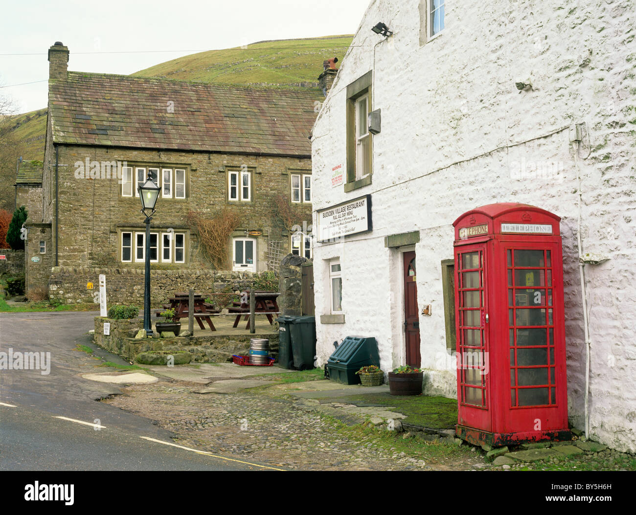 Buckden village with red telephone box, Wharfedale, Yorkshire Dales, U.K. Stock Photo