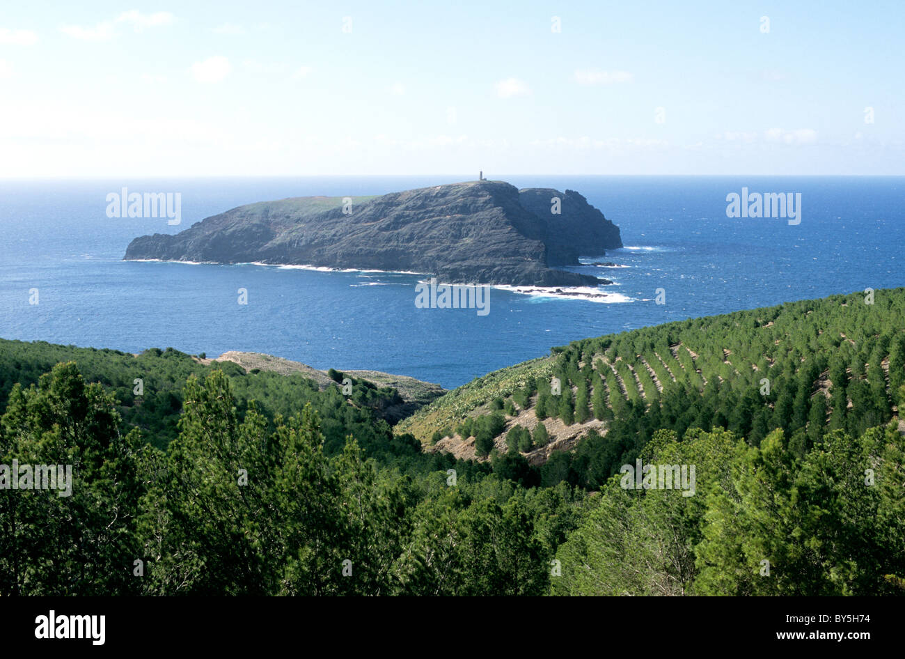 Ilhéu do Ferro viewed from Miradouro dos Morenos, a favourite lookout point on the island of Porto Santo Stock Photo
