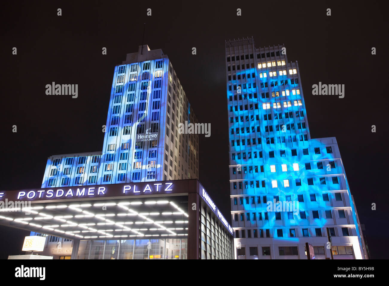 Germany,Berlin,Potsdamer Platz, the Ritz Carlton illuminated during the Festival of Lights Stock Photo