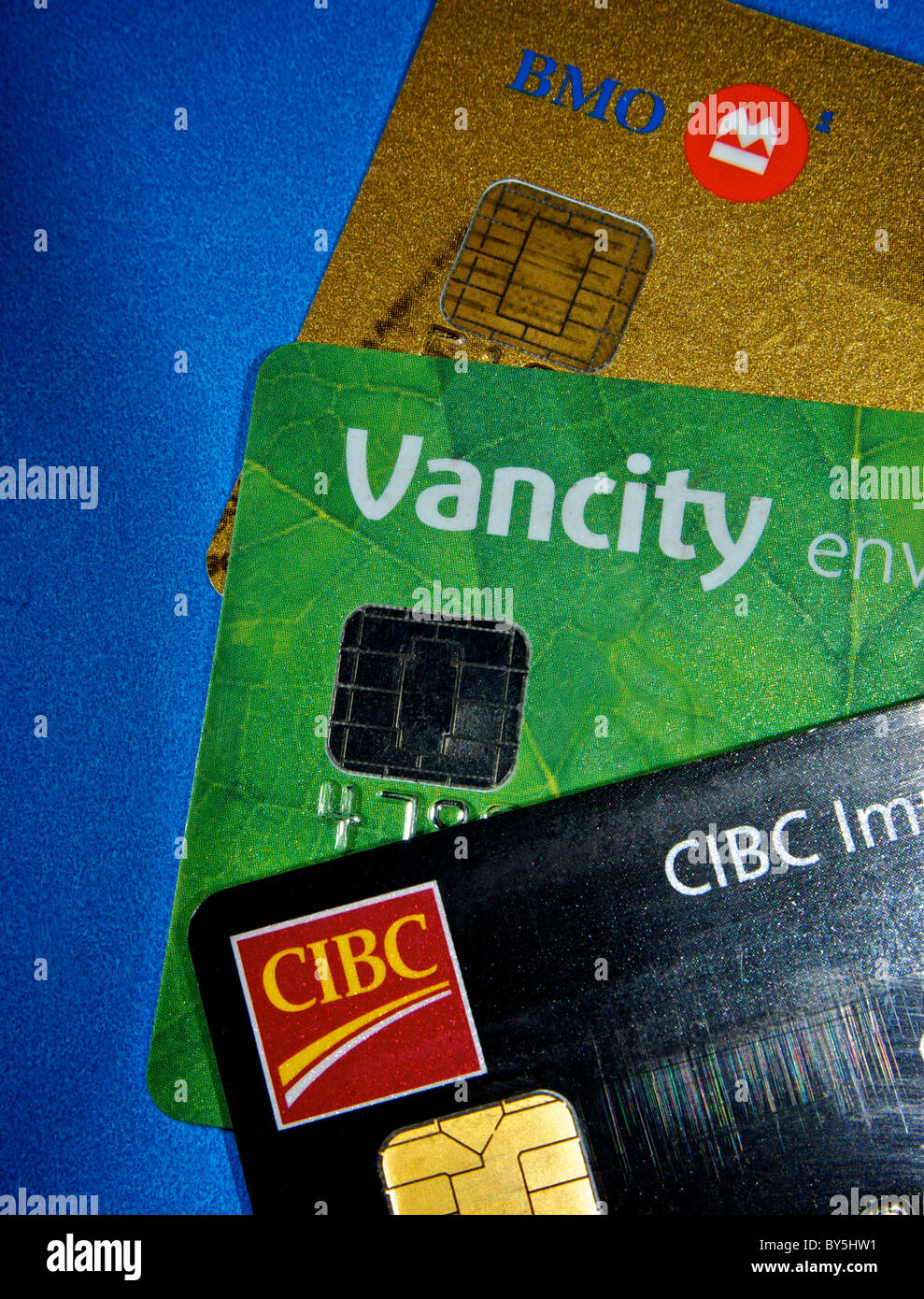 New bank credit charge cards with embedded security computer chip identification 'tap and go' technology Stock Photo