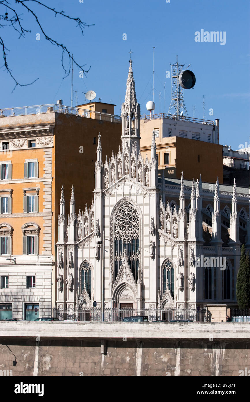 "Sacro Cuore" cathedral in Rome Italy "Sacred Hear" Gothic architecture facade Stock Photo