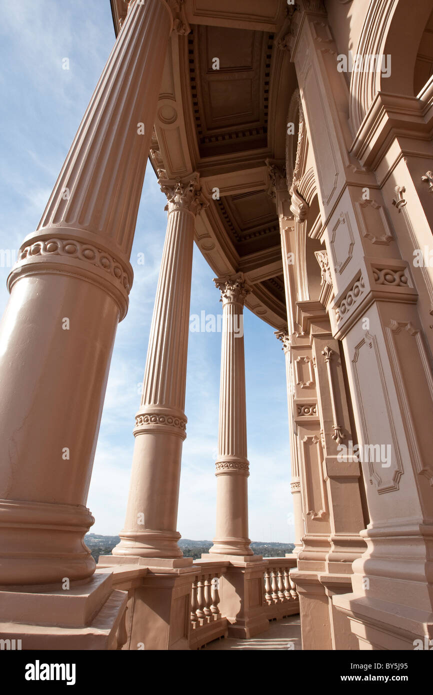 Columns, pilasters, balustrades and other architectural details on a walkway below the dome of the Texas Capitol in Austin Stock Photo