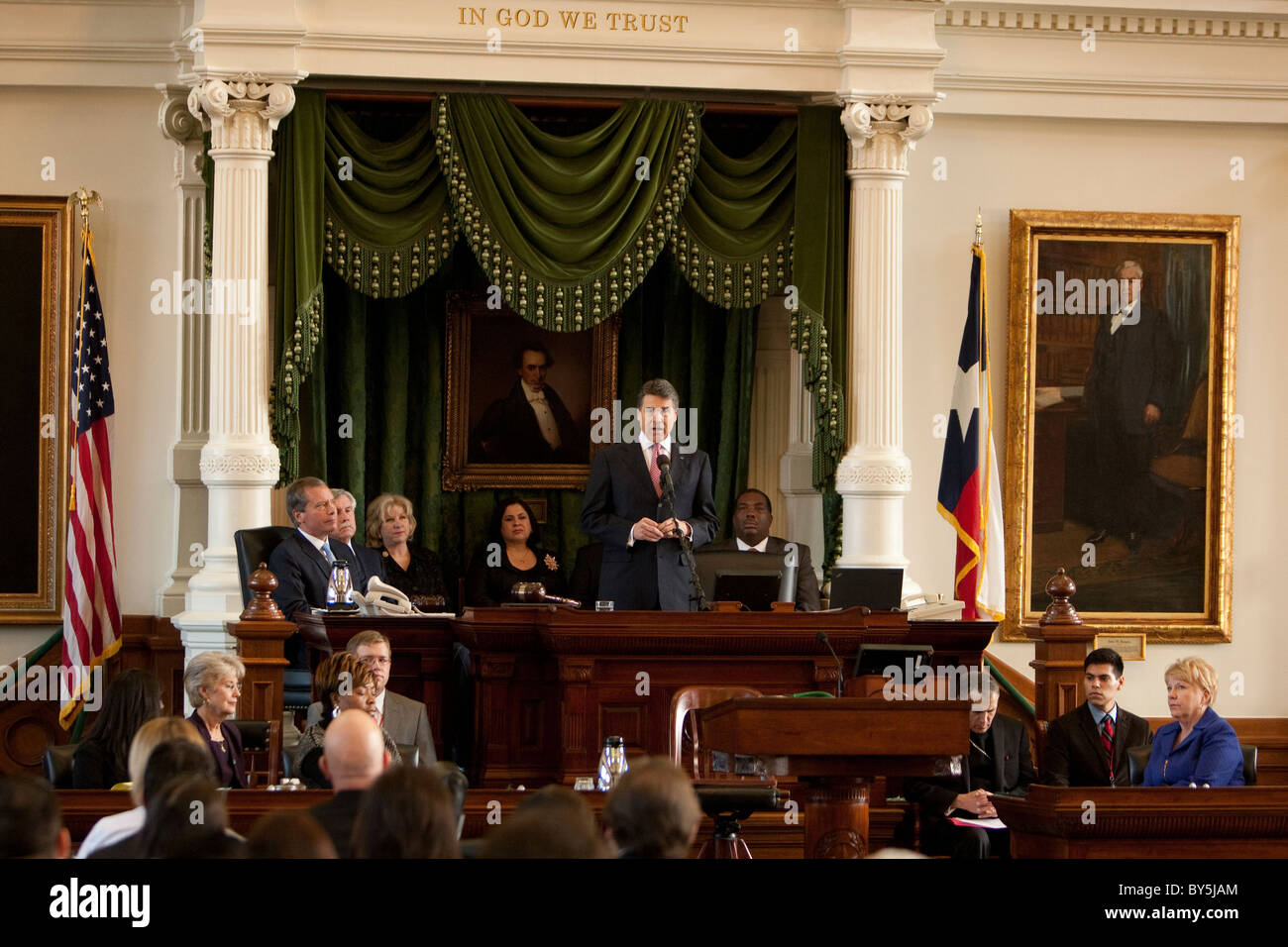 Texas Gov. Rick Perry addresses state senators in the senate chamber on opening day of the legislature session at the Capital Stock Photo