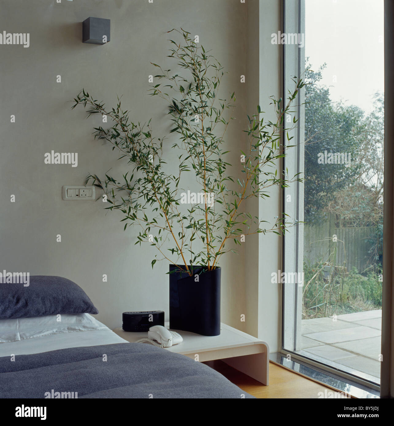 Olive brances in black vase on bedside table beside large plate-glass window in modern bedroom Stock Photo