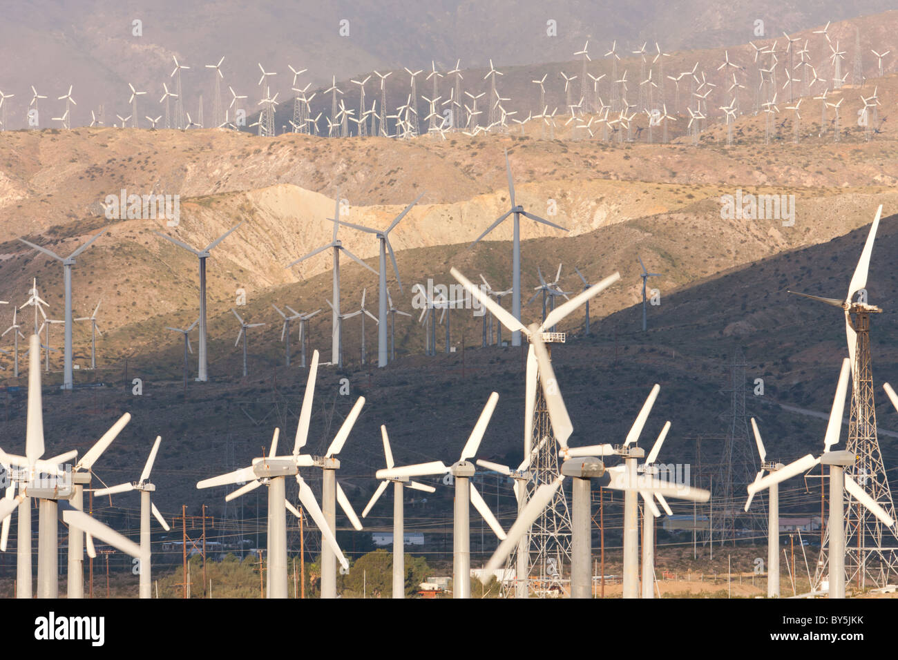 Wind turbines generating electricity on the San Gorgonio Pass Wind Farm serving Palm Springs, California. Stock Photo
