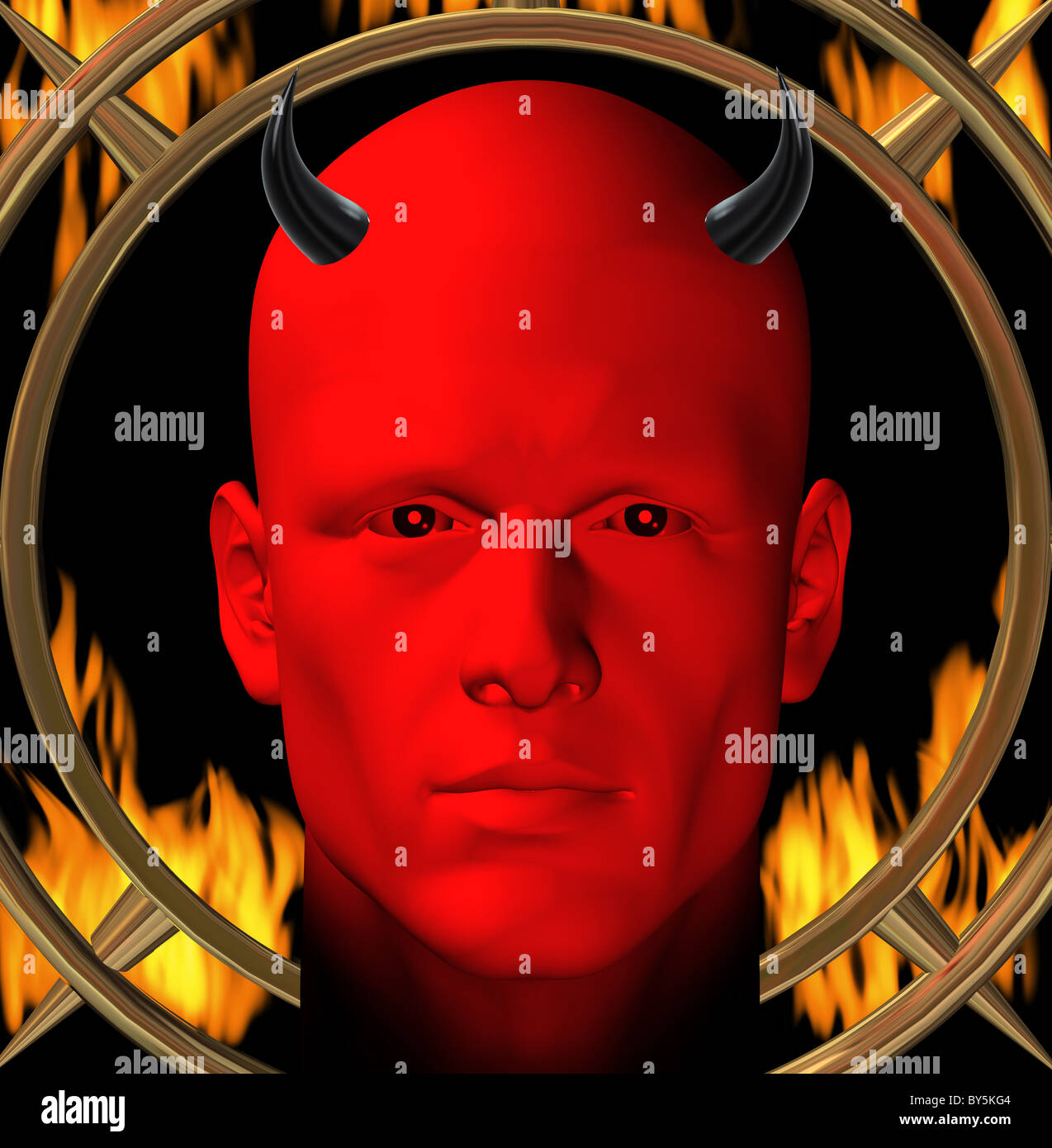 Red devil and hellfire flames. Digital 3d illustration. Stock Photo