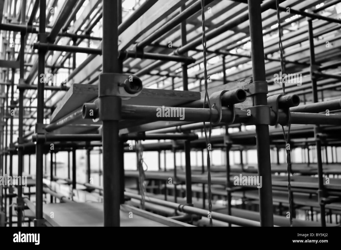 Metal industrial shelves in warehouse storage. Spatial dimension Stock
