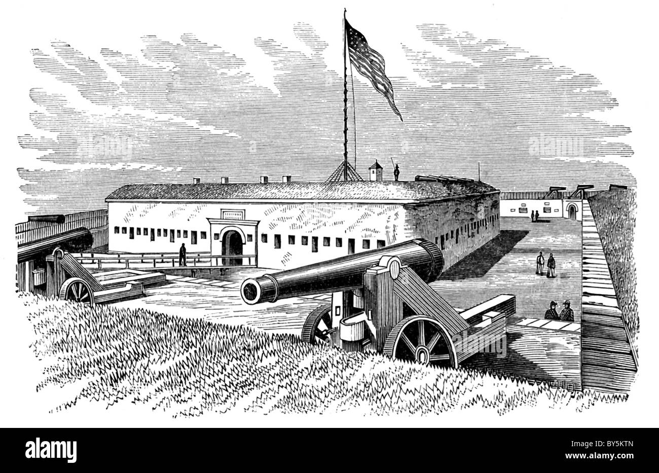 The sketch is an eye-witness view by American historian Benson J. Lossing  done while visiting Fort Macon in December 1864. Stock Photo