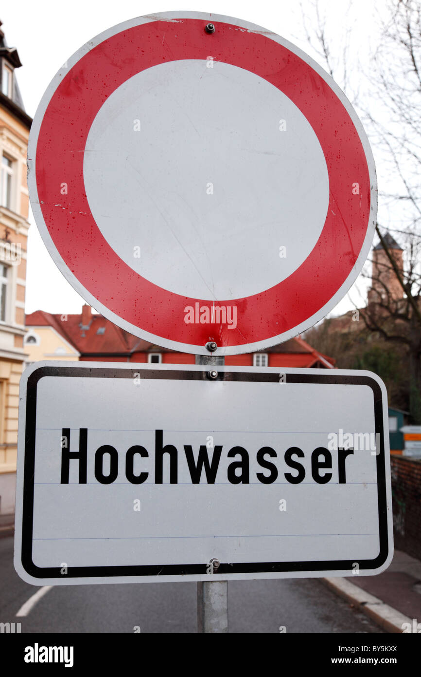 Hochwassser - Durchfahrt verboten; German road sign 'no vehicles' because flood Stock Photo