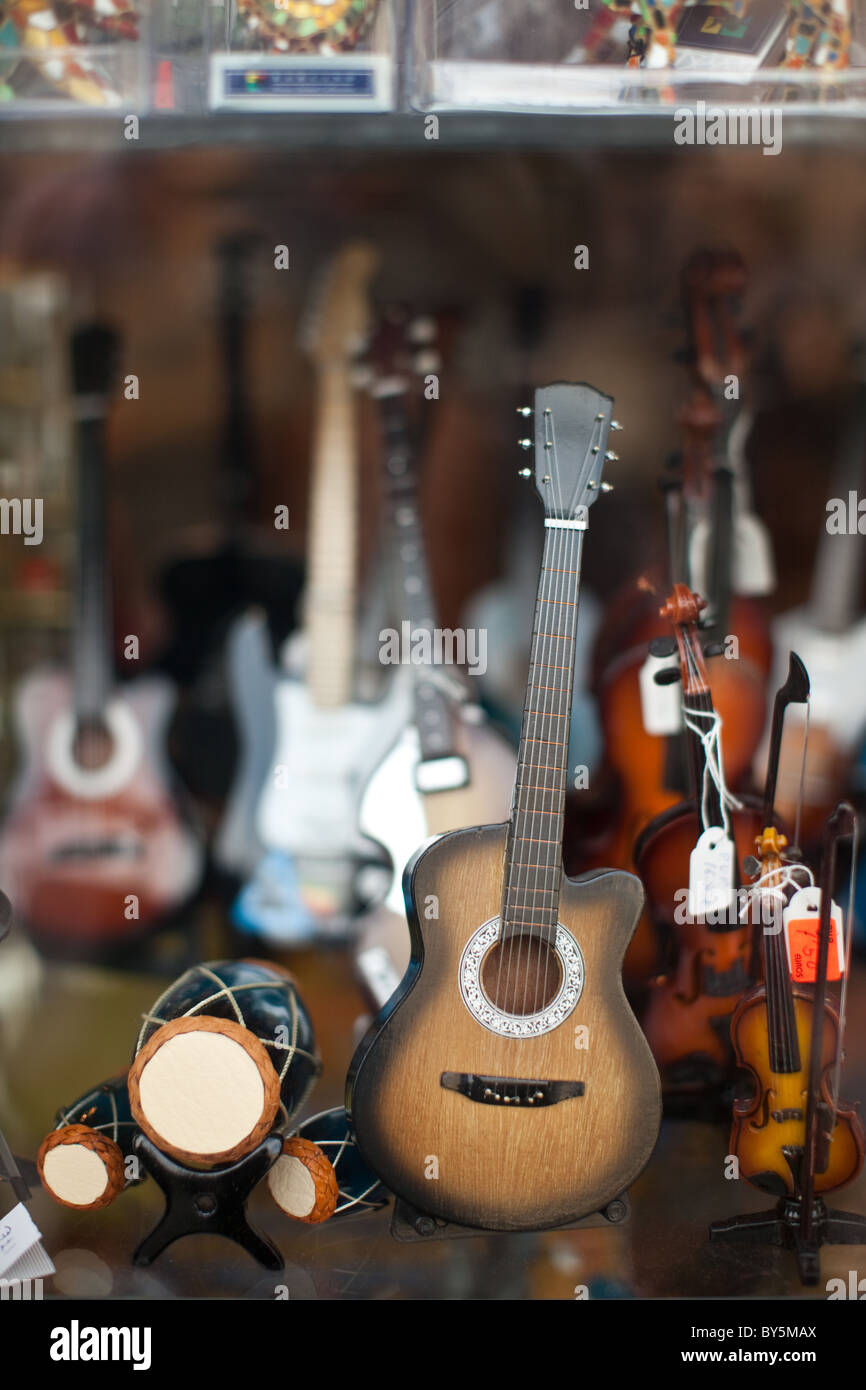 Guitar and drums miniatures at a store in Segovia Spain. Stock Photo