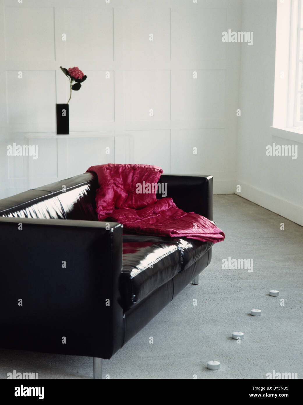 Crimson velvet throw on shiny black leather sofa in modern city living room Stock Photo