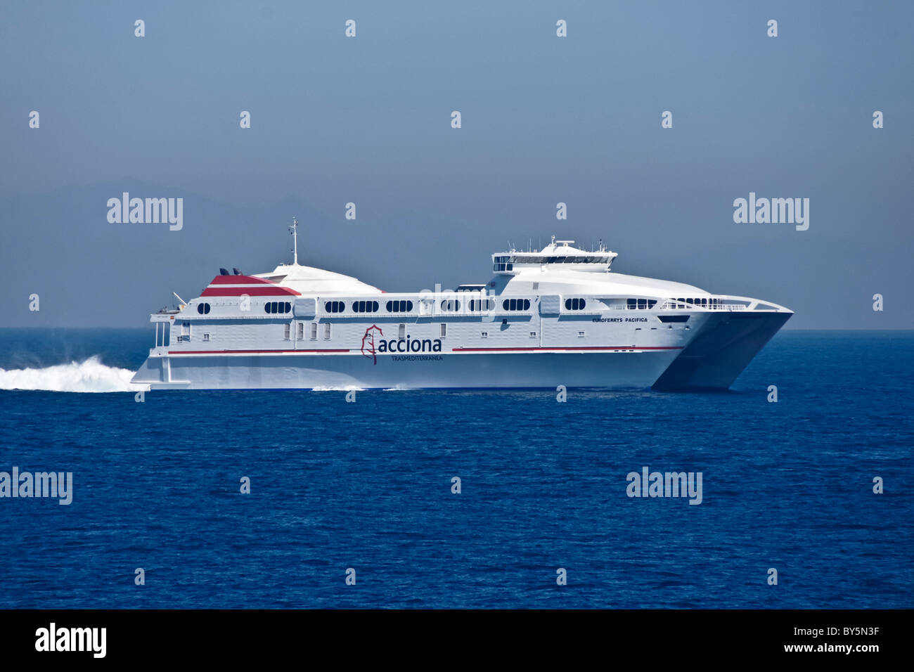 Acciona Trasmediterranea catamaran ferry Euroferrys Pacifica off Gibraltar en route from algeciras to Tangier Med Stock Photo