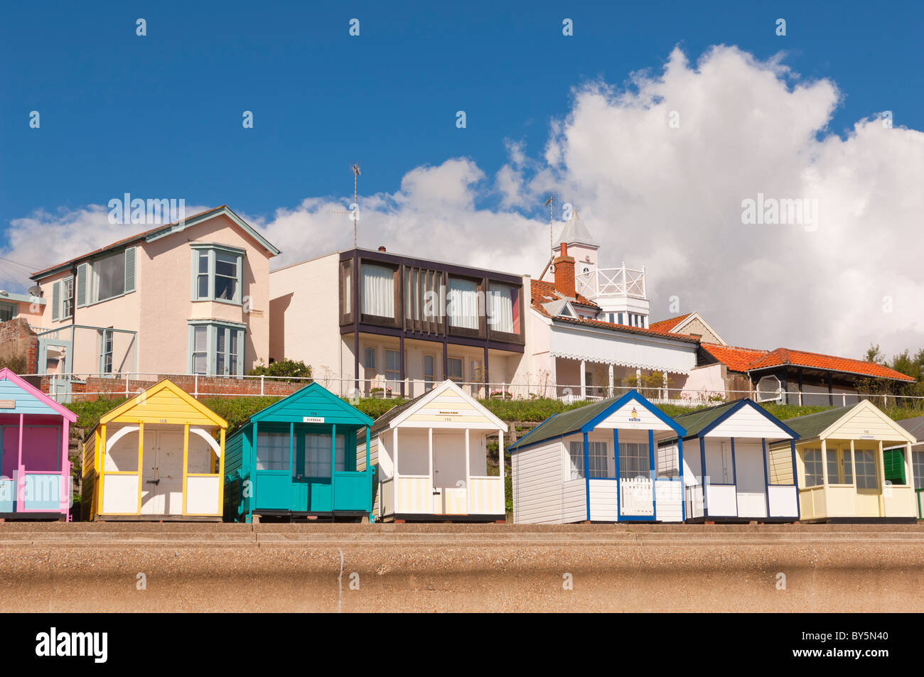 Coastal seafront houses and beach huts in Southwold , Suffolk , England