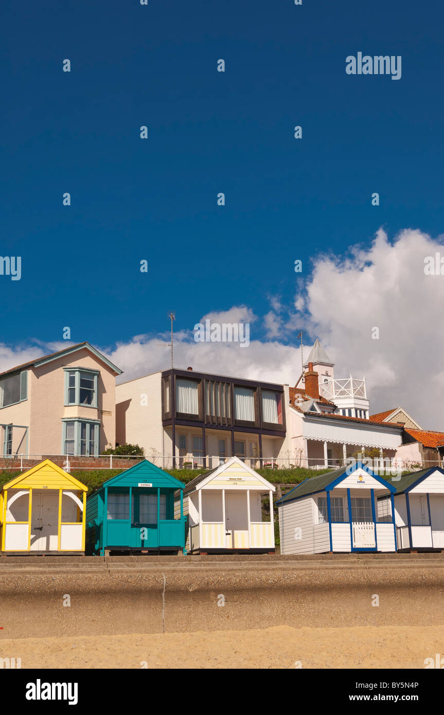 Coastal seafront houses and beach huts in Southwold , Suffolk , England