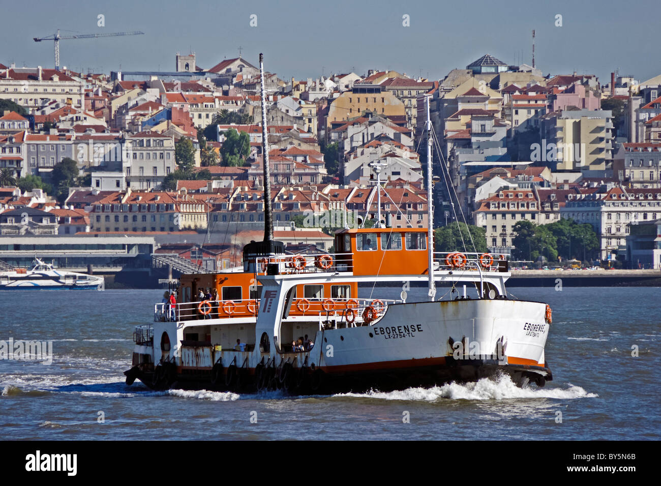 Transtejo e a Soflusa car ferry Eborense crossing River Tagus at Lisbon ...