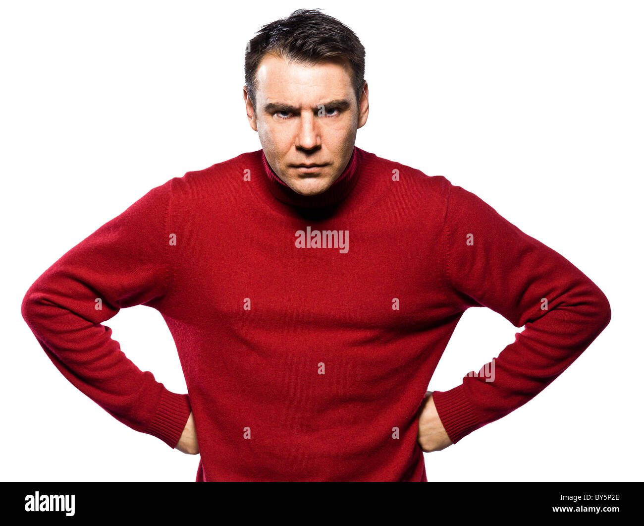 caucasian man attitude frowning abgry studio portrait on isolated white backgound Stock Photo