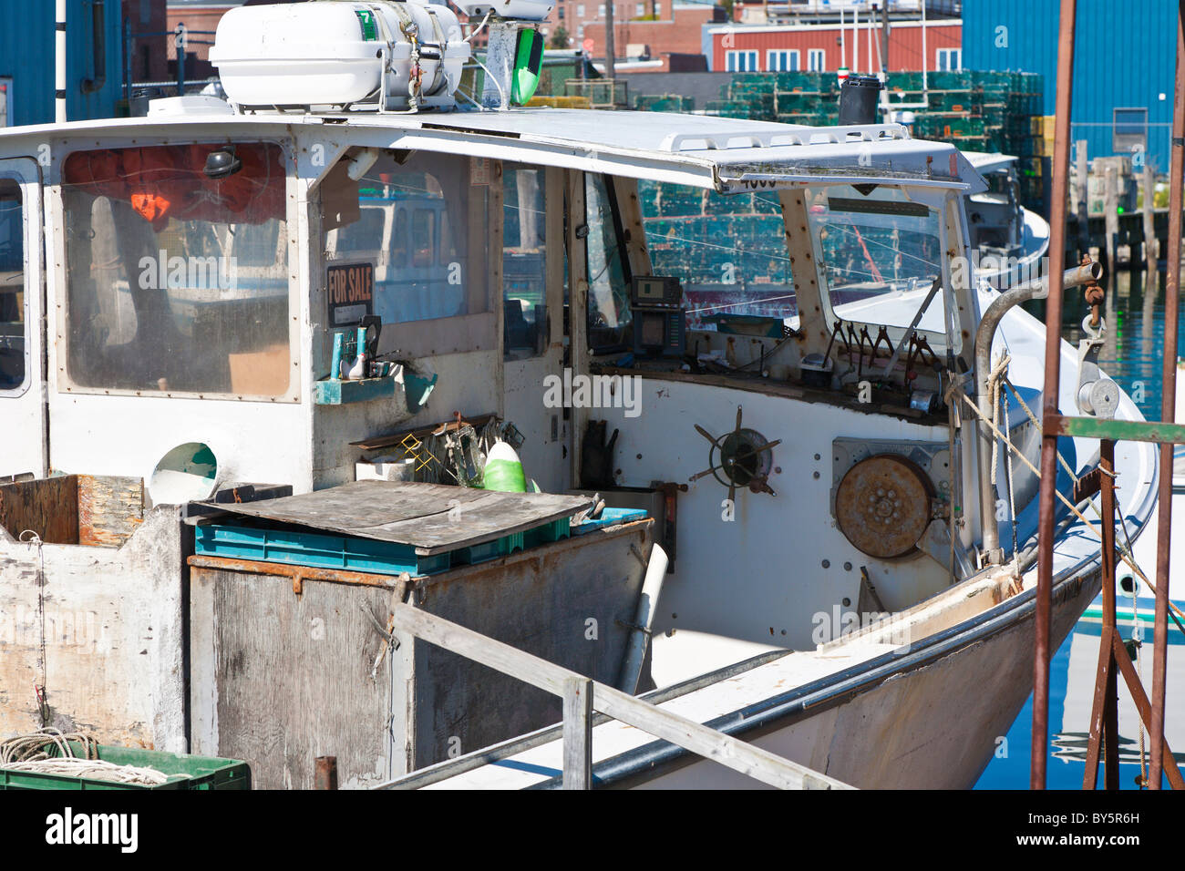 Commercial lobster boat at dock in Portland, Maine Stock Photo