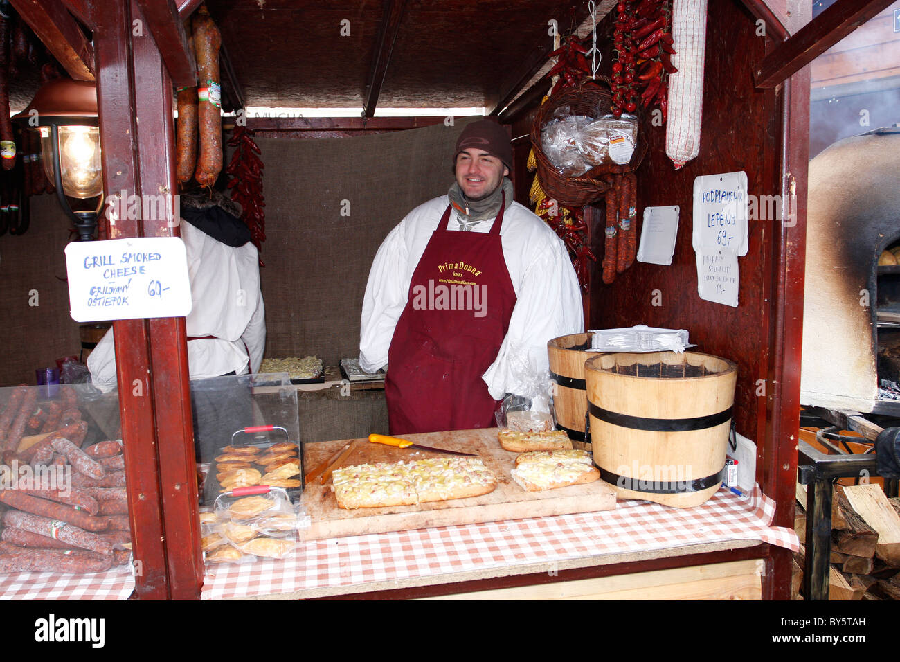 Food stall at  the Christmas market in  the Old Town Square,Prague,Czech Republic. Stock Photo