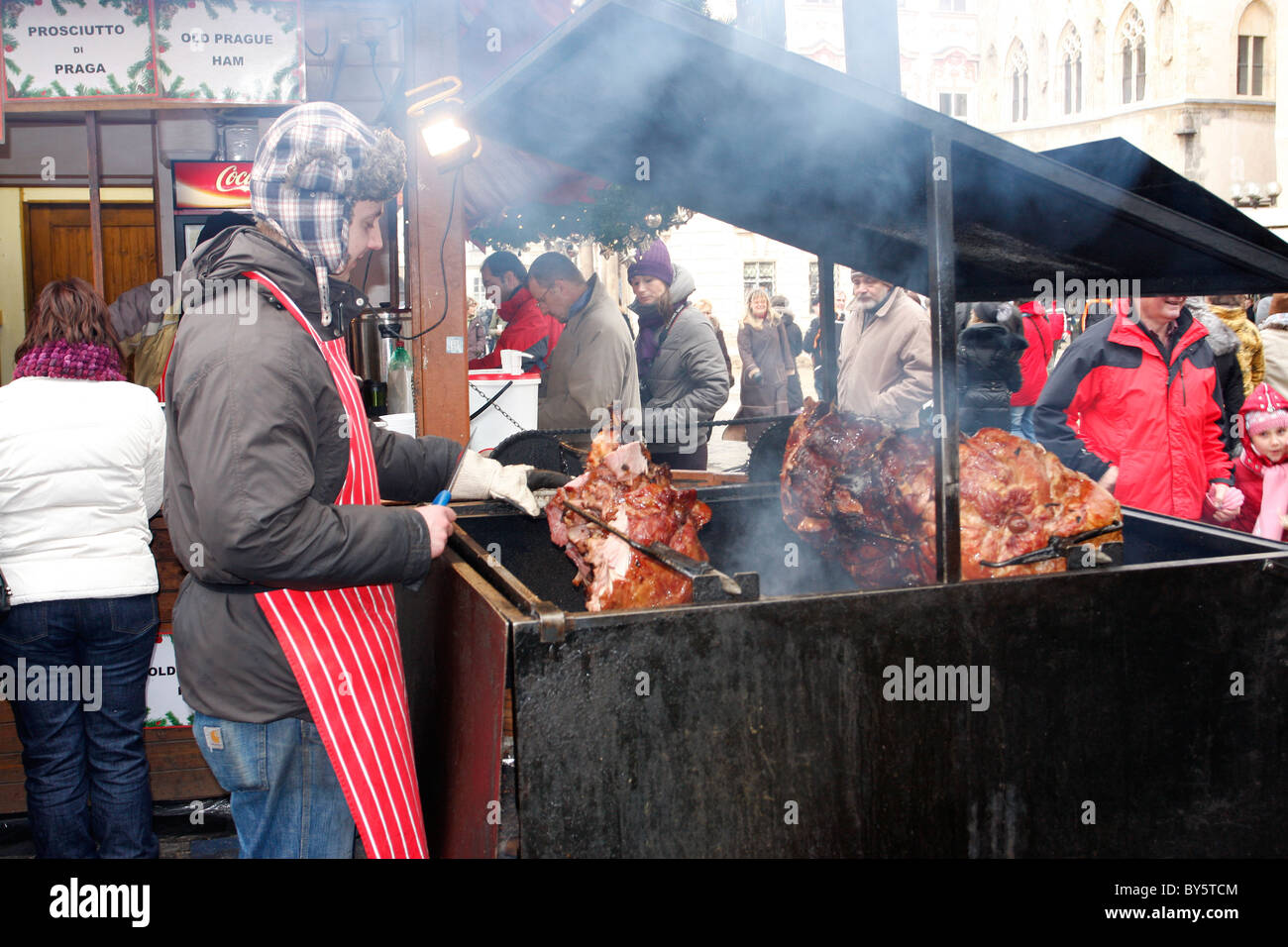BBQ,roast pork stall ,a favorite at markets in Prague,Czech Republic. Stock Photo