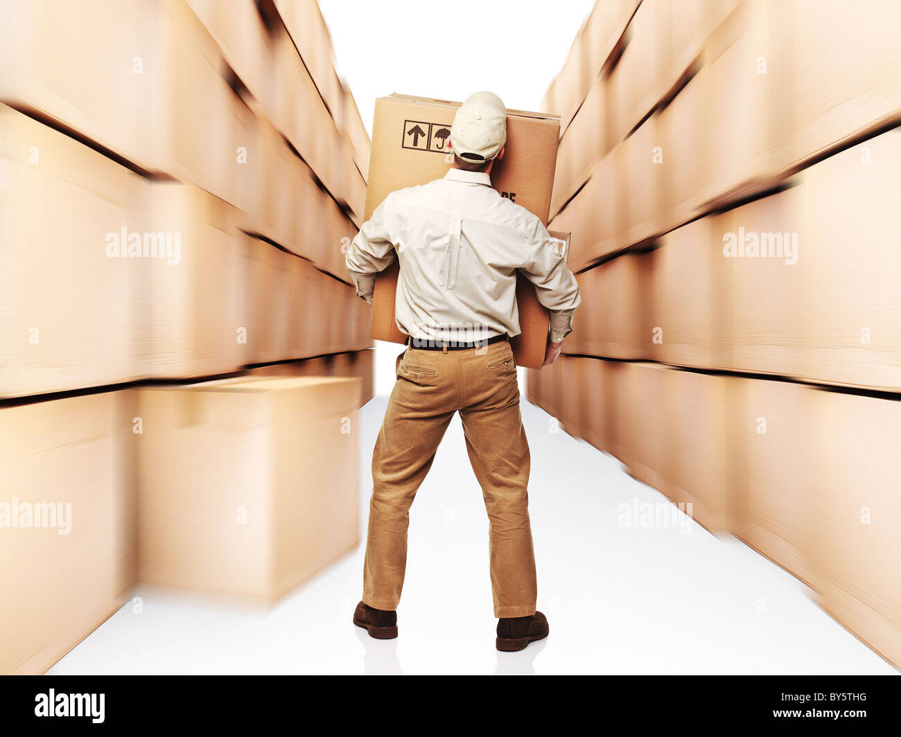 delivery man and speed boxes 3d background Stock Photo - Alamy