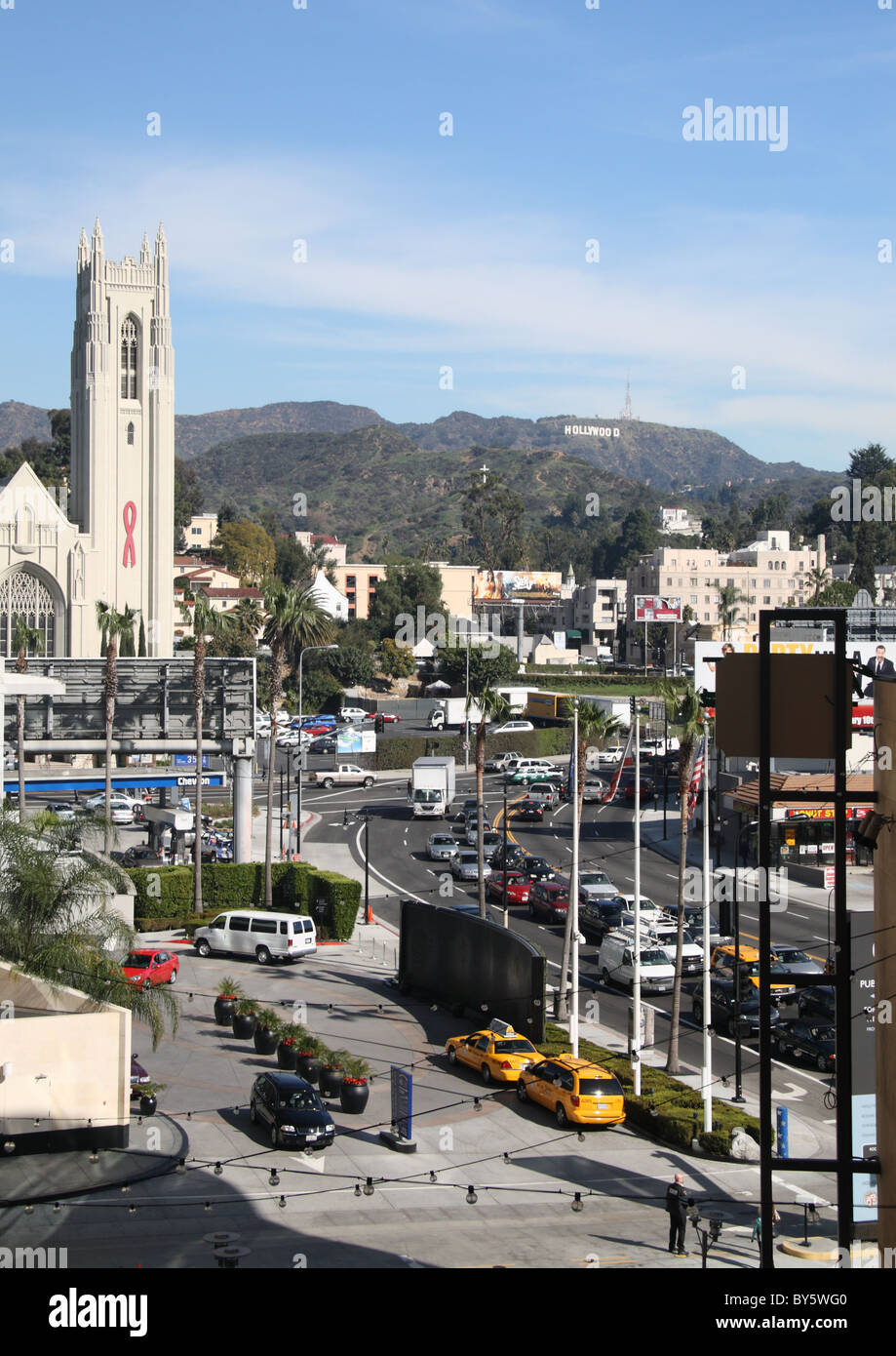 Hollywood sign and Hollywood United Methodist Church off Highland