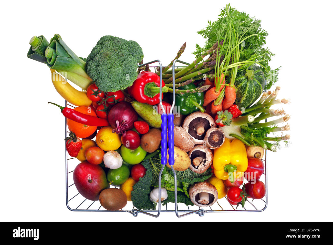 Photo of a wire shopping basket full of fresh fruit and vegetables, shot from above and isolated on a white background. Stock Photo