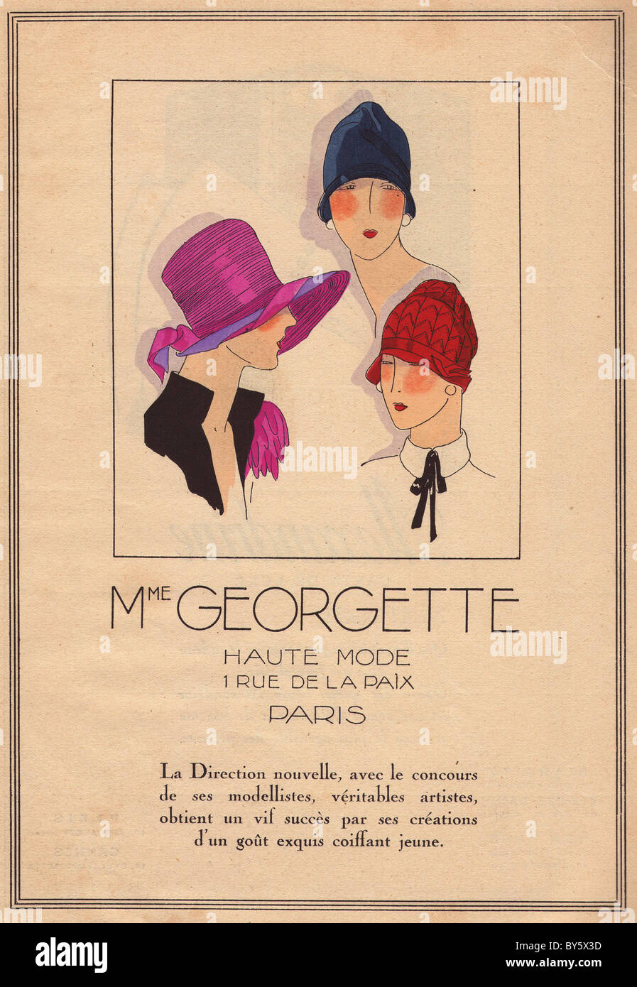 1920s women's hat advertisement from Madame Georgette, Paris. Stock Photo