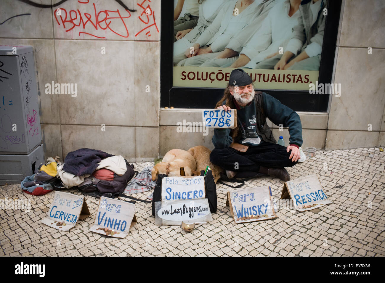 Inventive beggar, Lisbon, Portugal Stock Photo