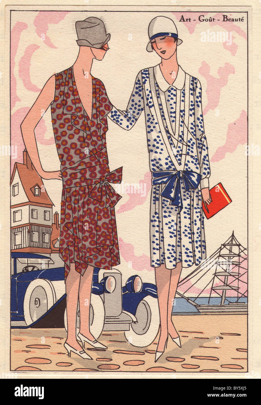 1920s afternoon fashion from AGB: afternoon dress in colorful printed chiffon, and dress in printed blue crepe de chine. Stock Photo