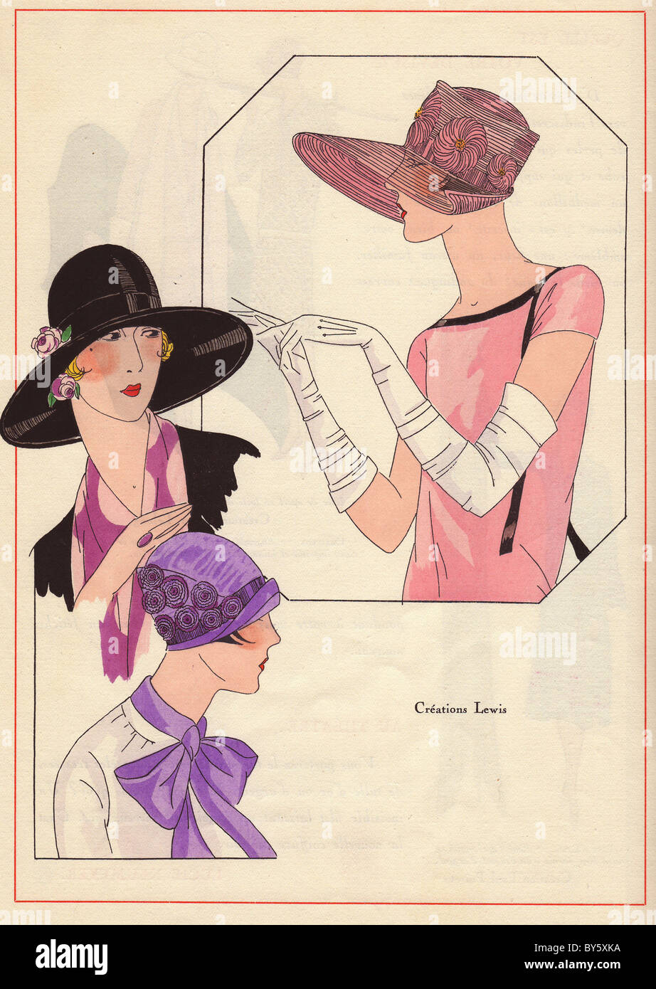 1920s women's hats from AGB: Dusty pink hat with diaphanous brim, black wide-brimmed hat with pink roses, and purple cloche. Stock Photo