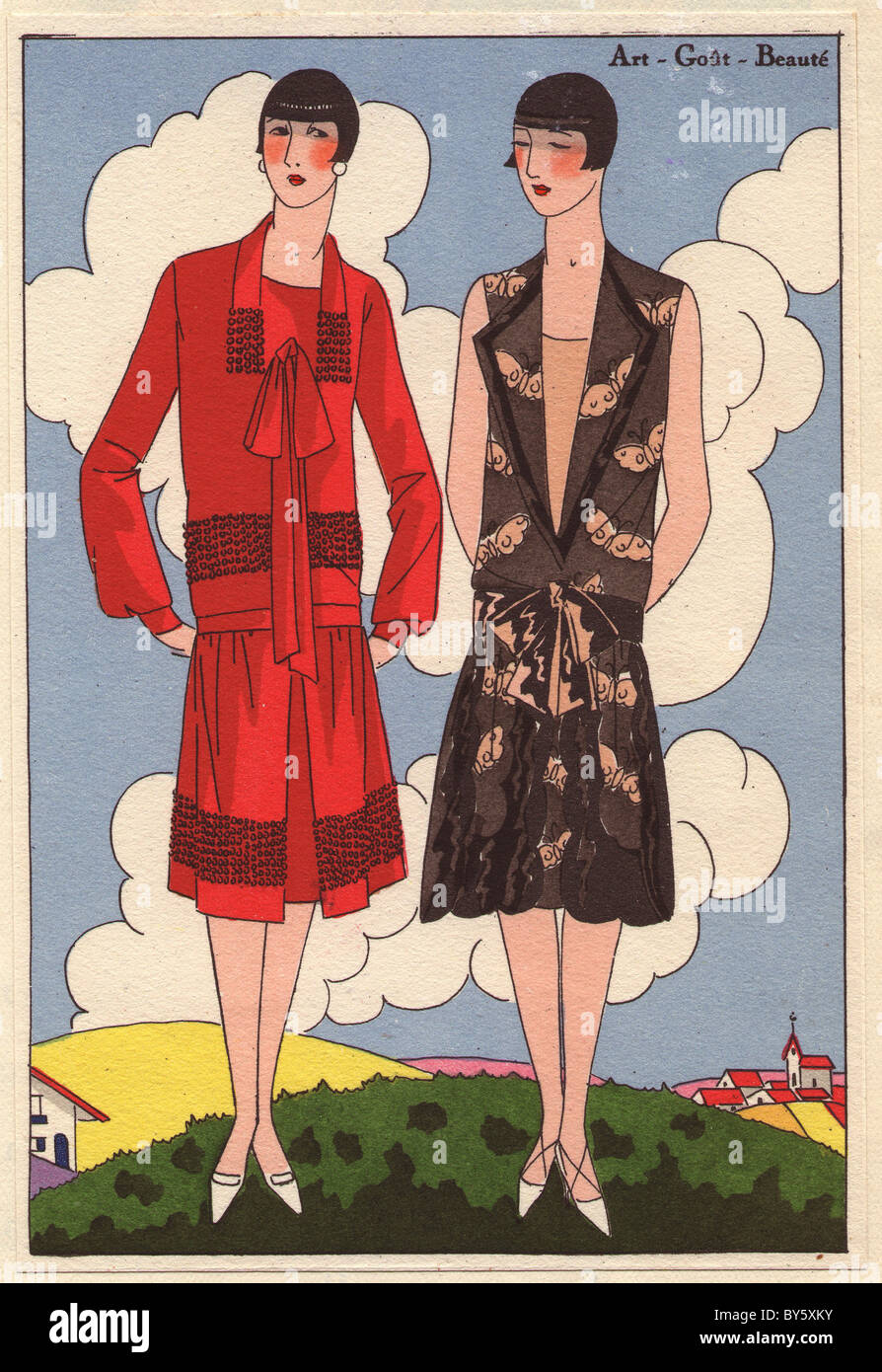 1920s women's fashion from AGB: afternoon dress in red crepe georgette with flowers, and afternoon dress in beige chiffon. Stock Photo