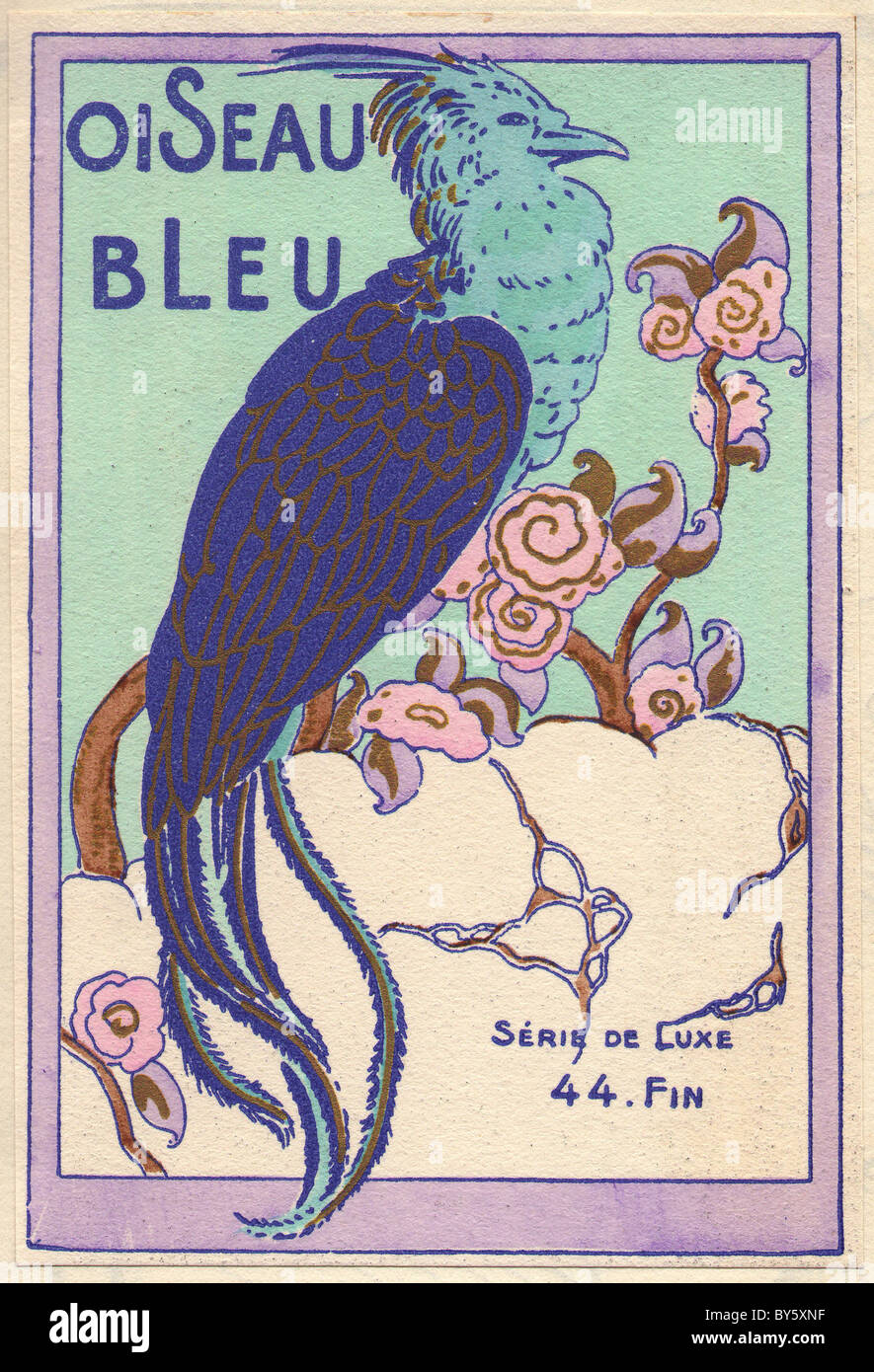 1920s art deco advertisement for Blue Bird, showing a blue bird on a flowering tree against a turquoise background. Stock Photo