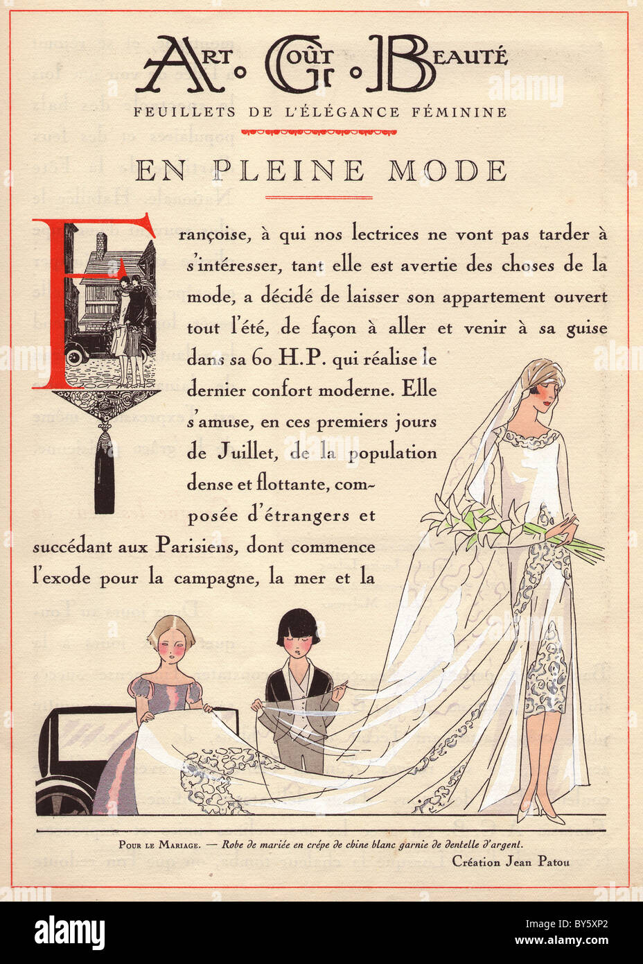 1920s fashion magazine Art Gout Beaute masthead: bride in wedding dress in crepe de chine with silver lace. Stock Photo