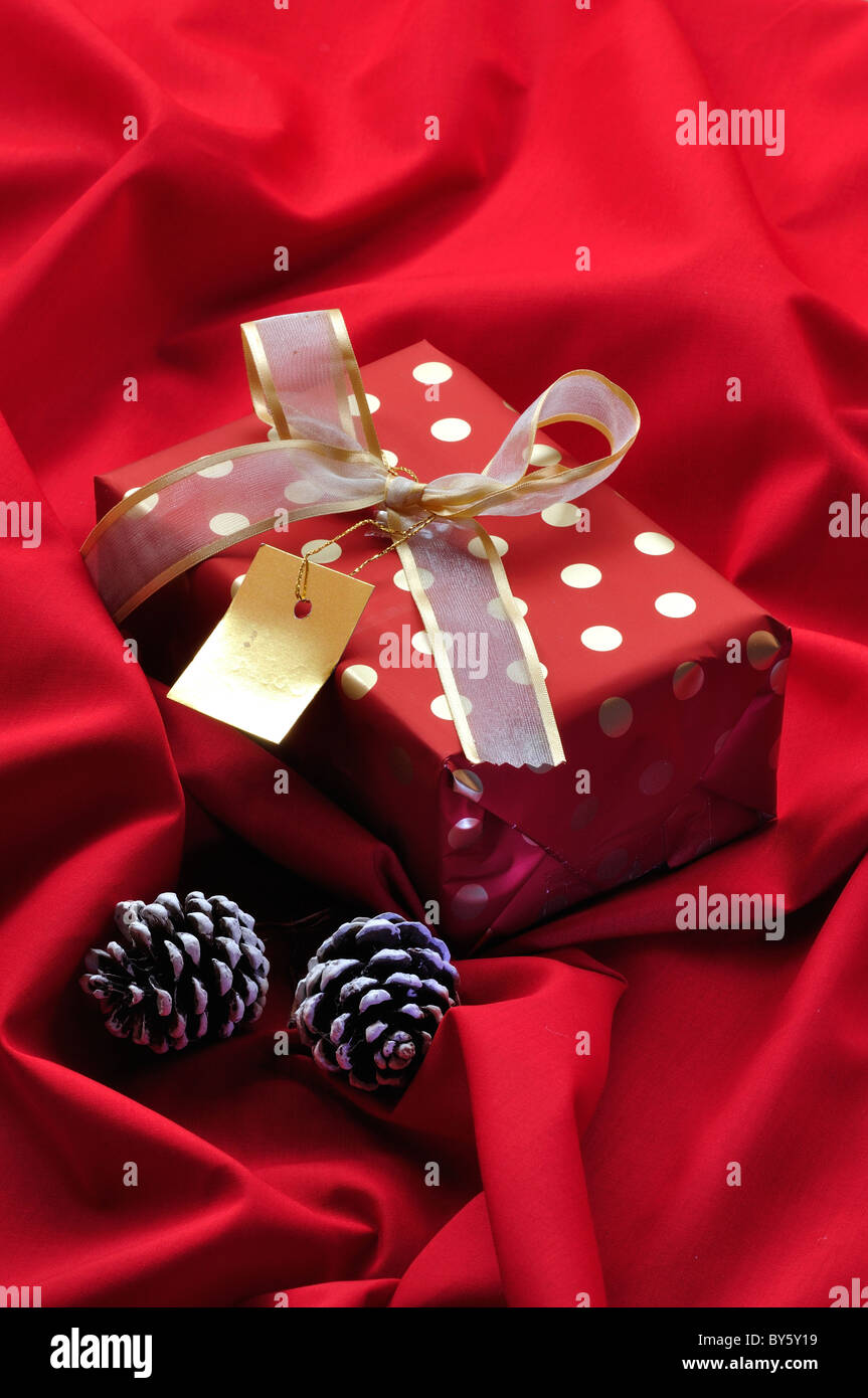 A wrapped Christmas present with fir cones on a red background. UK December 2010 Stock Photo