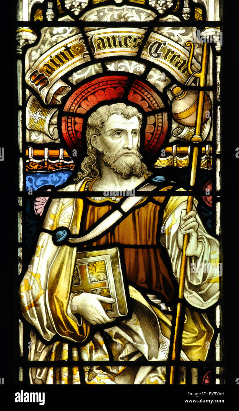 Saint James the Great stained glass, St. Andrew`s Church, Burton Overy,  Leicestershire, England, UK Stock Photo - Alamy