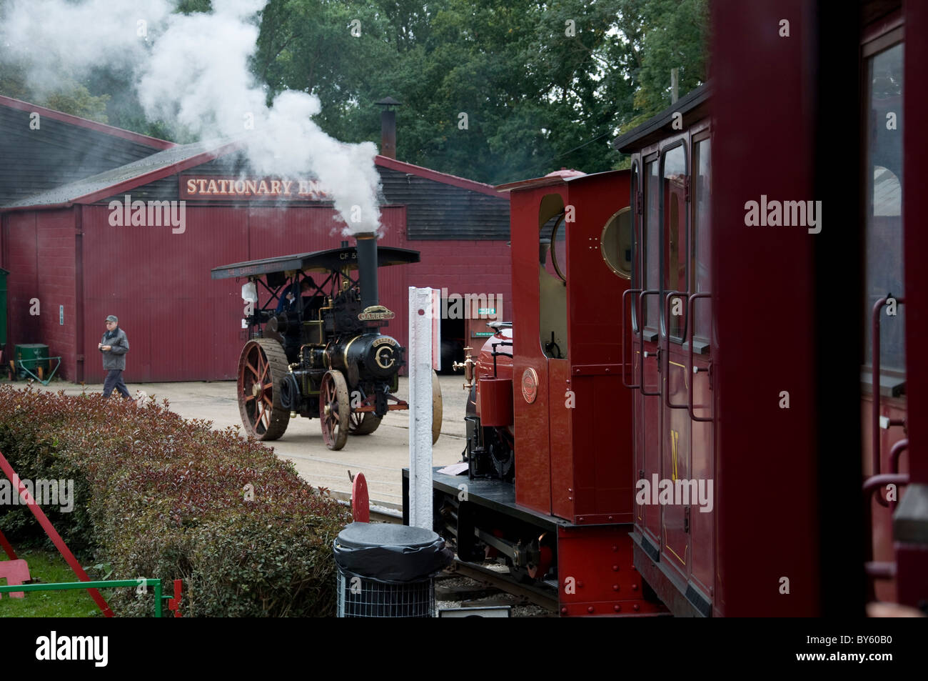 Stream traction engine and small locomotive at Bressingham Steam Museum in Norfolk, England. Stock Photo