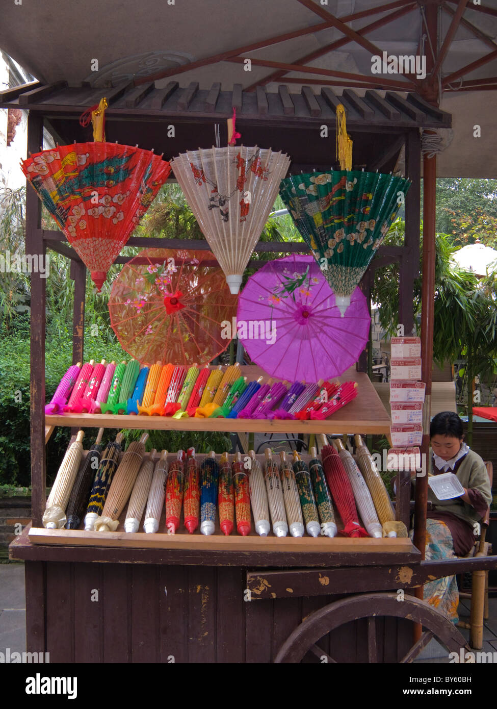 Colorful Parasols Stall in Old Jini Street Chengdu Sichuan China Stock Photo